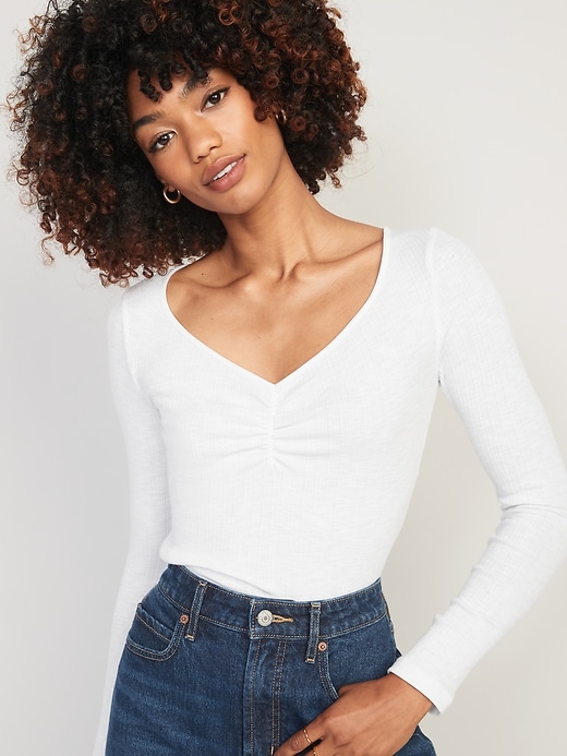 Long-Sleeve Cinched-Front Rib-Knit T-Shirt | Old Navy