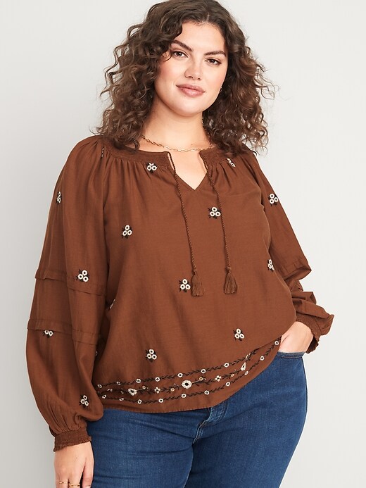 Image number 7 showing, Floral-Embroidered Smocked Tie-Neck Long-Sleeve Top for Women