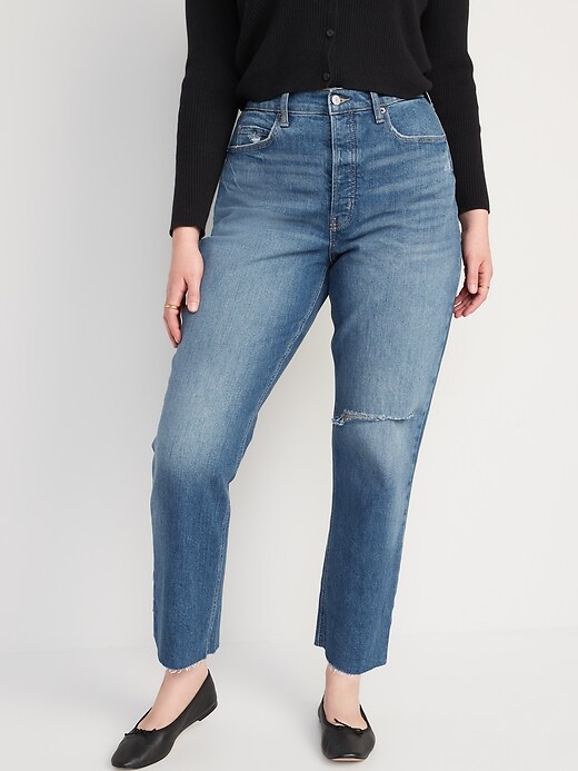 Curvy Extra High-Waisted Button-Fly Sky-Hi Straight Ripped Jeans for ...