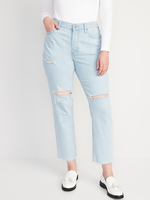 Image number 5 showing, High-Waisted Button-Fly Slouchy Straight Ripped Cropped Non-Stretch Jeans