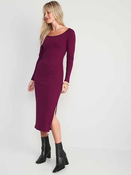 Image number 1 showing, Fitted Long-Sleeve Rib-Knit Midi Dress for Women