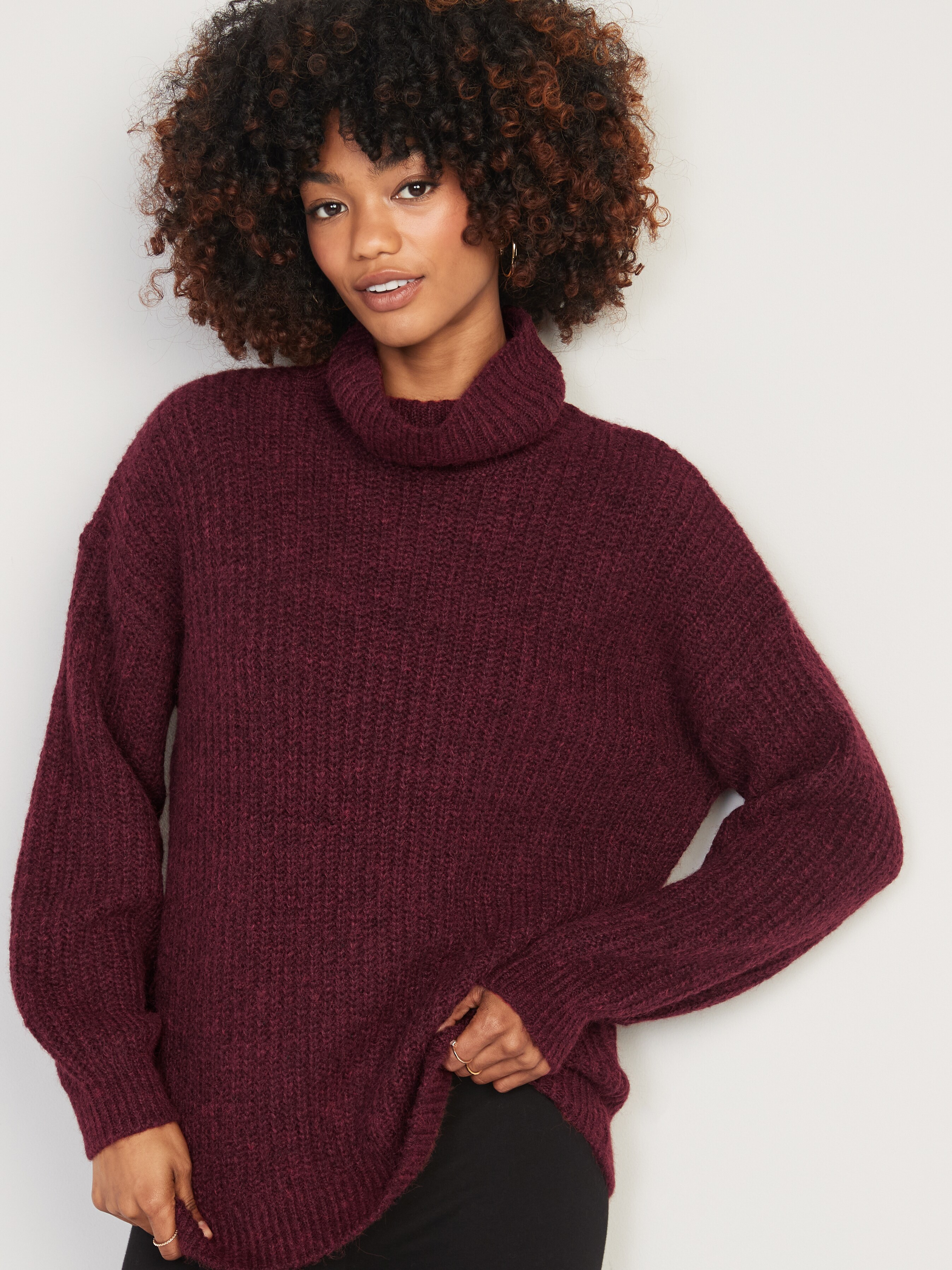 Shaker-Stitch Tunic-Length Turtleneck 