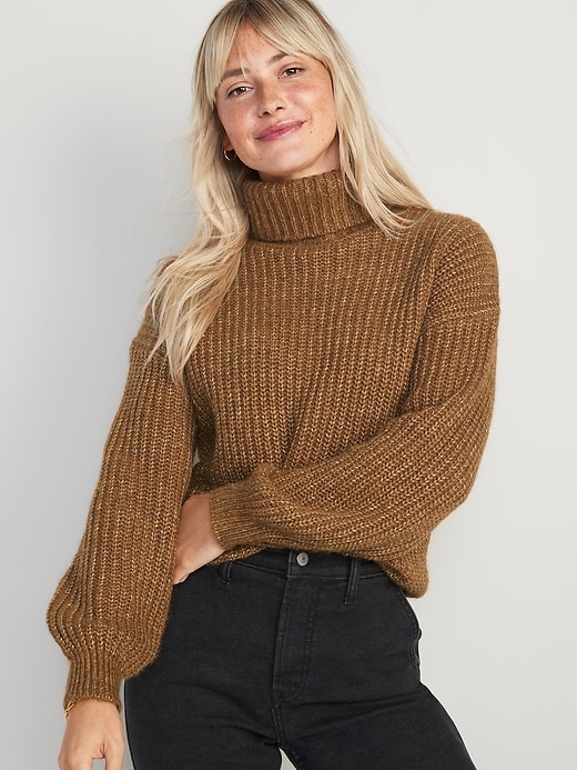 Image number 1 showing, Marled Shaker-Stitch Tunic-Length Turtleneck Sweater for Women