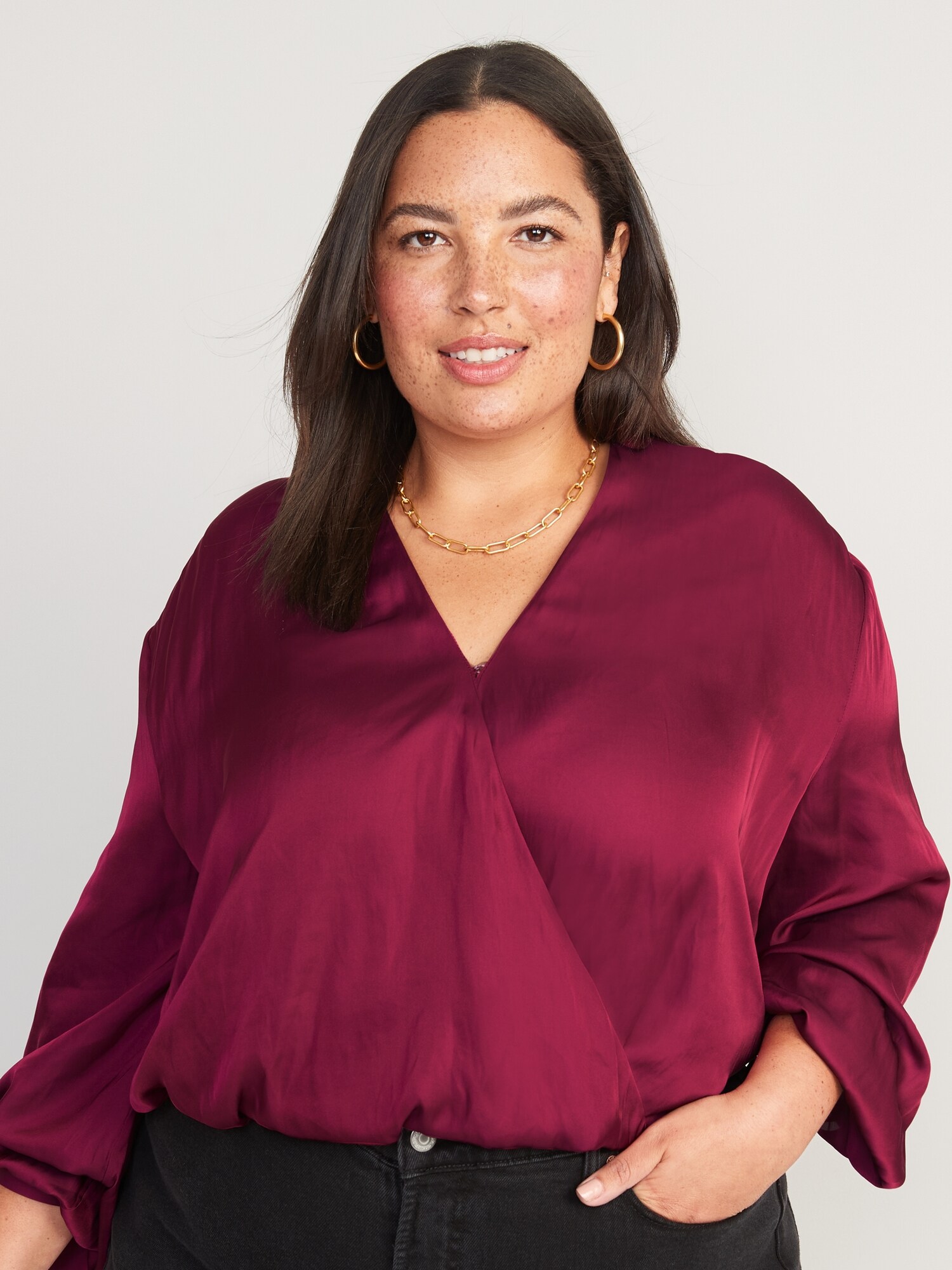 Cross-Front Satin Long-Sleeve Blouse for Women | Old Navy