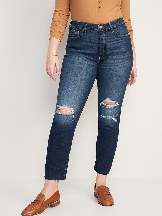 Image number 5 showing, High-Waisted Button-Fly O.G. Straight Ripped Cut-Off Jeans for Women