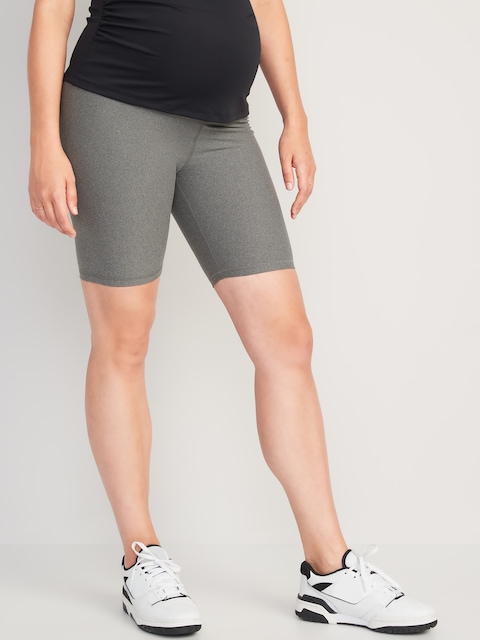 Maternity Full Panel PowerSoft Biker Shorts -- 8-inch inseam - Heather Gray