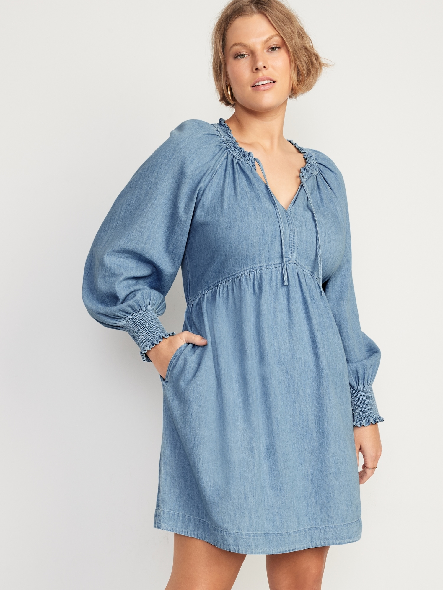 Puff-Sleeve Non-Stretch Jean Mini Poet Swing Dress | Old Navy