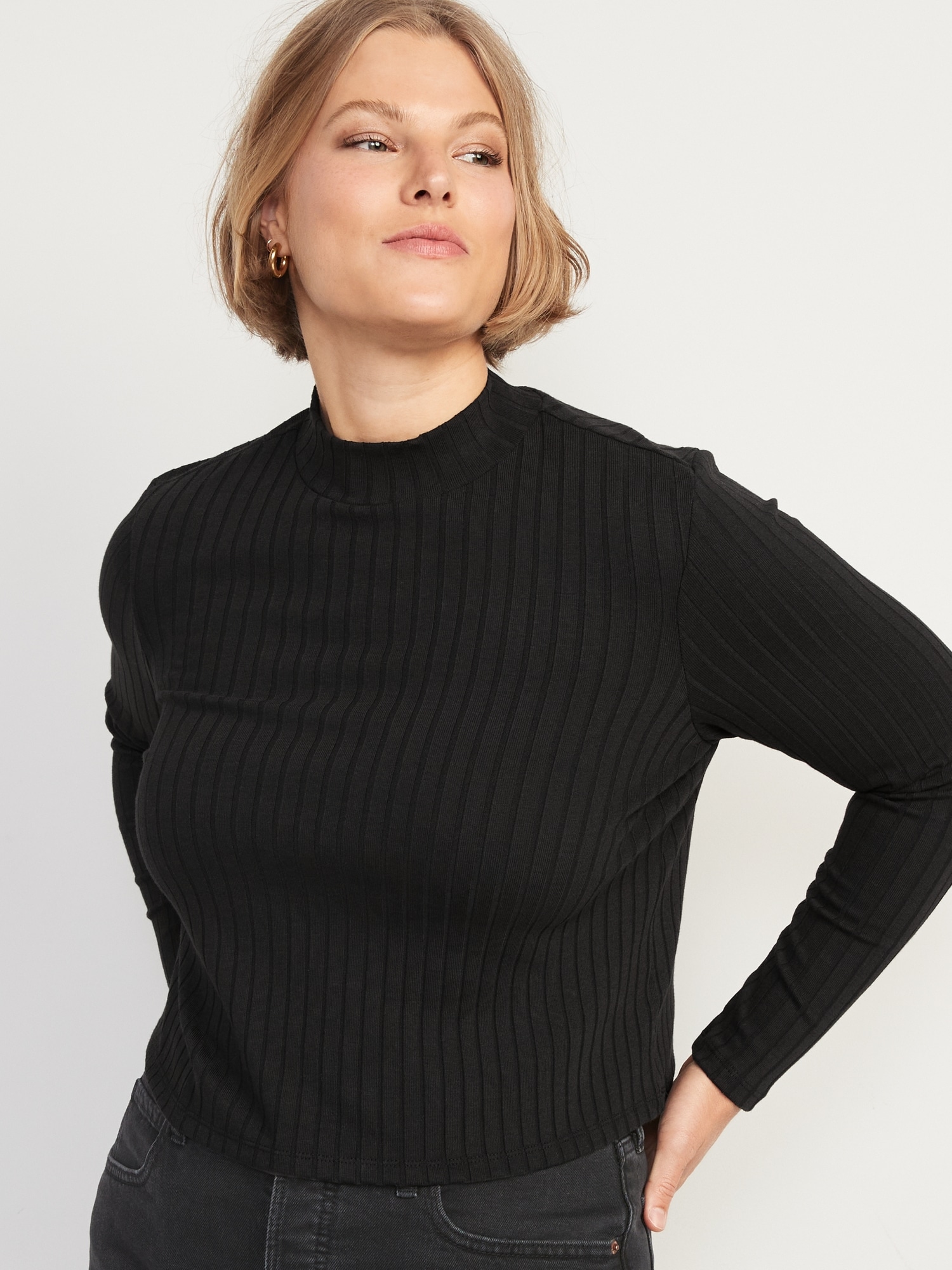 Cropped Rib-Knit Mock-Neck Sweater for Women