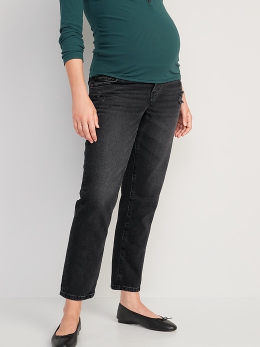 Image number 1 showing, Maternity Front Low Panel Slouchy Straight Black Jeans