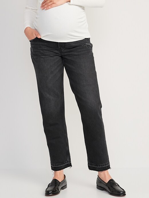 Image number 1 showing, Maternity Full Panel Slouchy Straight Cut-Off Black Jeans