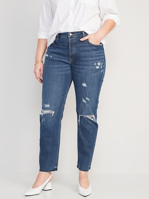 Image number 5 showing, High-Waisted Button-Fly Slouchy Straight Ripped Cut-Off Jeans
