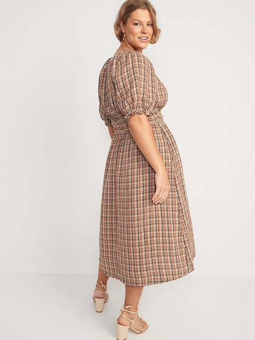 Image number 6 showing, Waist-Defined Puff-Sleeve Plaid Midi Dress for Women
