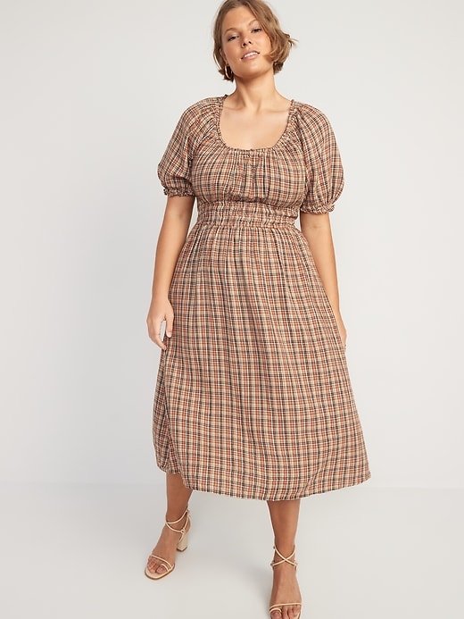 Image number 5 showing, Waist-Defined Puff-Sleeve Plaid Midi Dress for Women