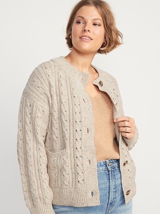 Image number 5 showing, Speckled Cable-Knit Cardigan Sweater for Women