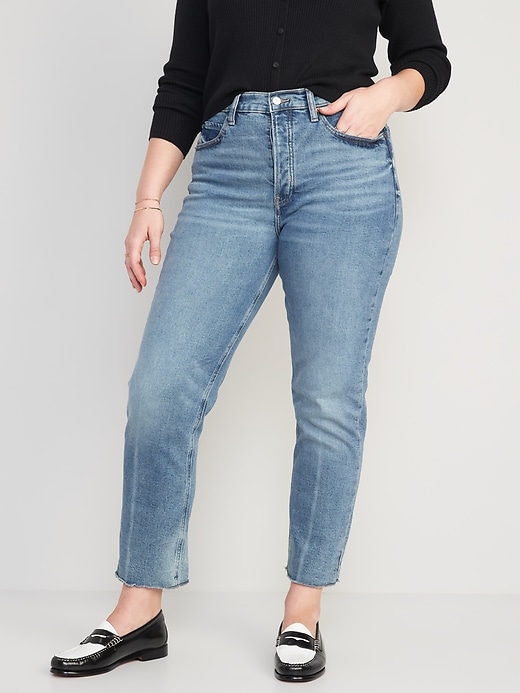 Extra High-Waisted Button-Fly Sky-Hi Straight Cut-Off Jeans for Women ...