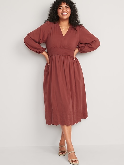 Image number 5 showing, Waist-Defined Puff-Sleeve Smocked Embroidered Midi Dress for Women