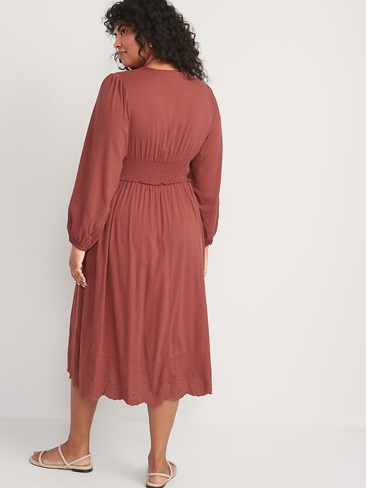Image number 6 showing, Waist-Defined Puff-Sleeve Smocked Embroidered Midi Dress for Women