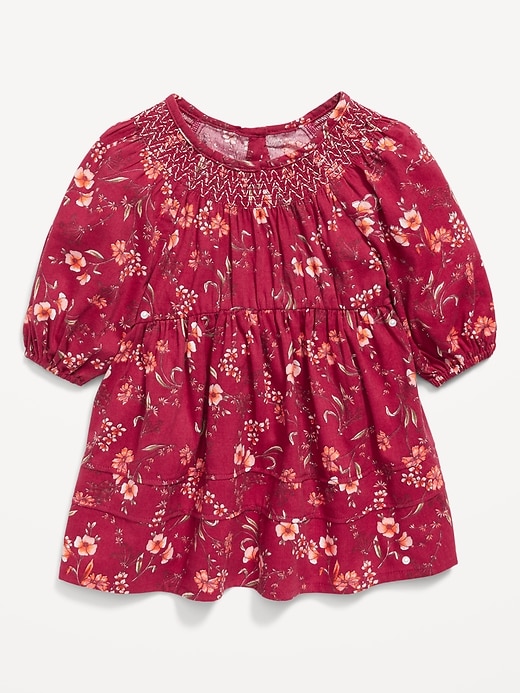 View large product image 1 of 3. Elbow-Sleeve Cinched-Waist Floral Dress for Baby