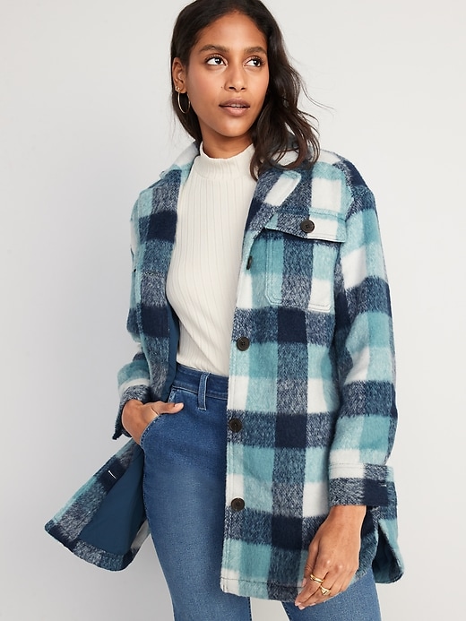 Image number 1 showing, Printed Flannel Long Utility Shacket for Women