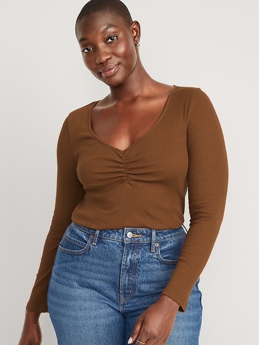 Image number 5 showing, Long-Sleeve Cinched-Front Rib-Knit T-Shirt