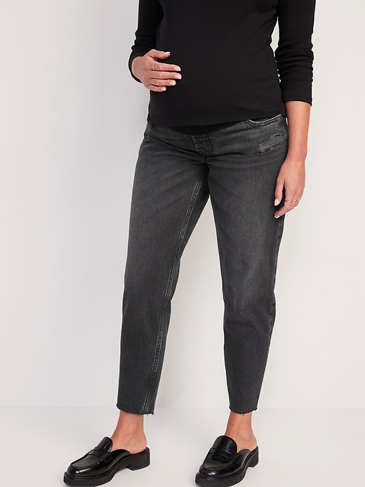 Image number 1 showing, Maternity Full-Panel Slouchy Taper Black Cut-Off Jeans