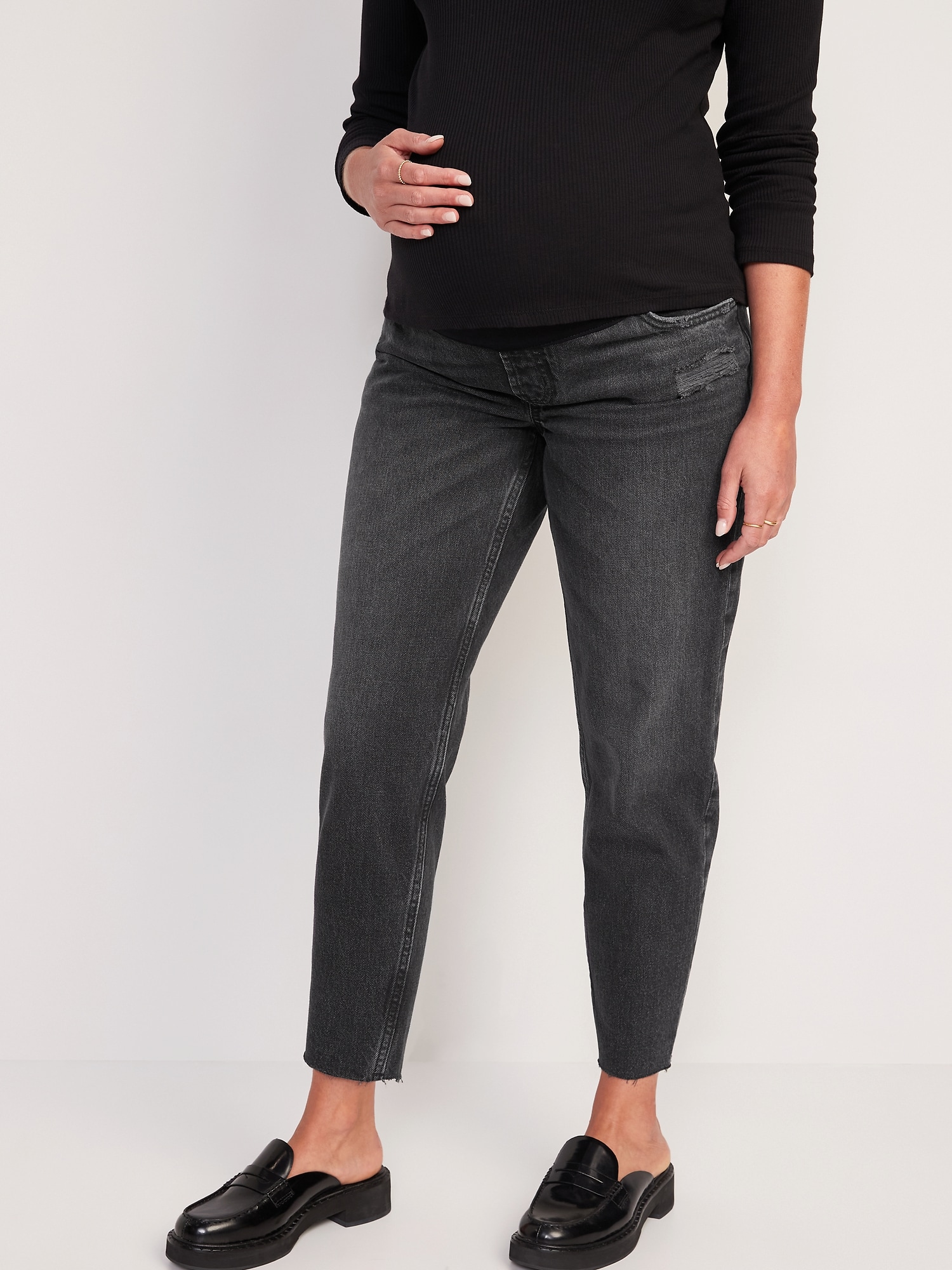 Maternity Full-Panel Slouchy Taper Black Cut-Off Jeans
