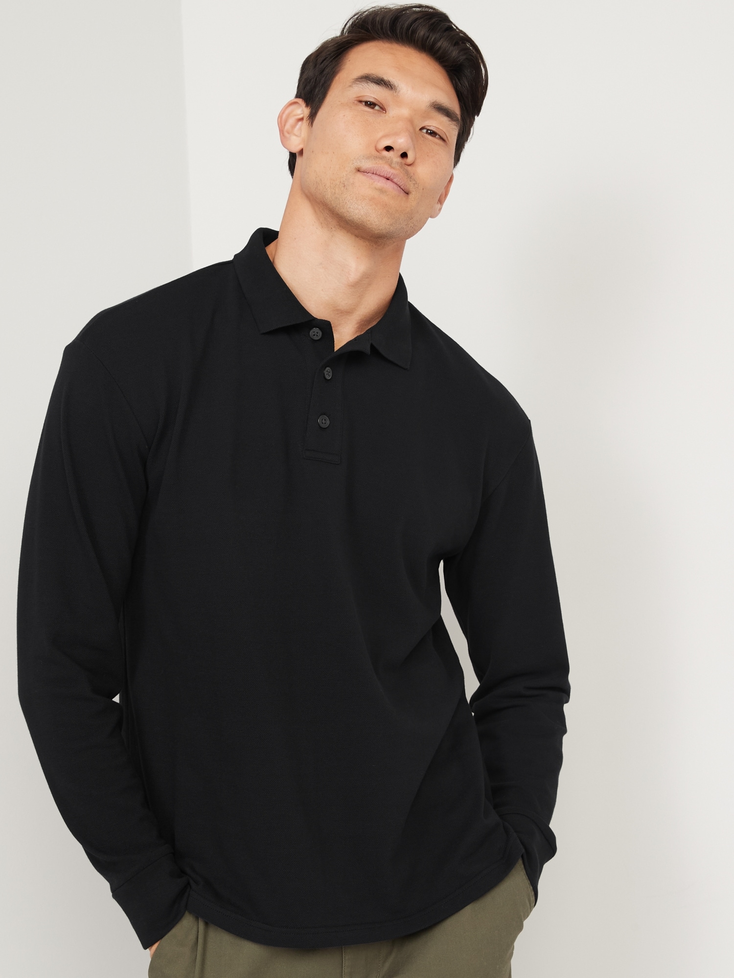Old Navy Long-Sleeve Classic Fit Pique Polo for Men black. 1