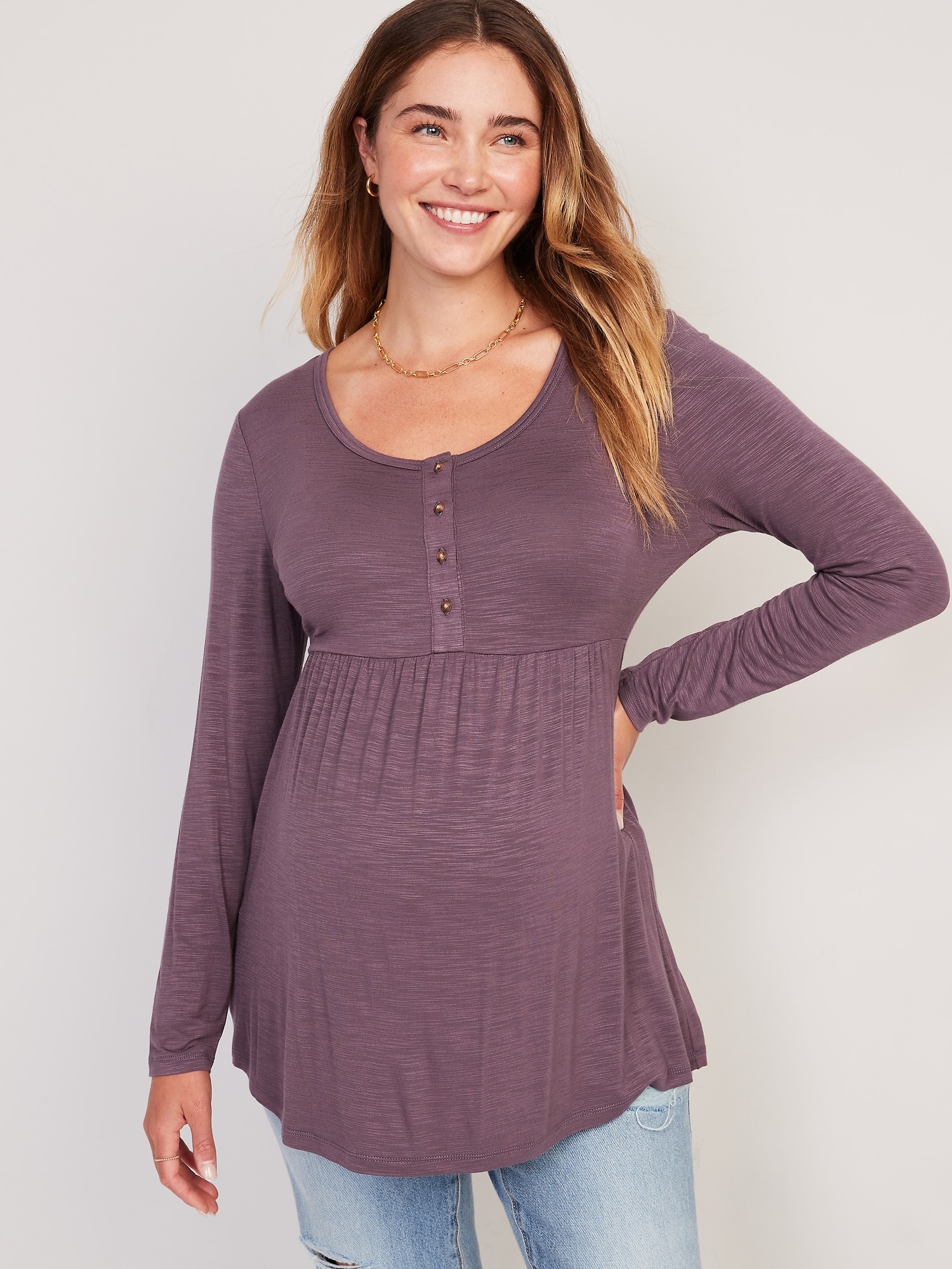 Maternity Slub-Knit Long-Sleeve Peplum-Hem Henley T-Shirt
