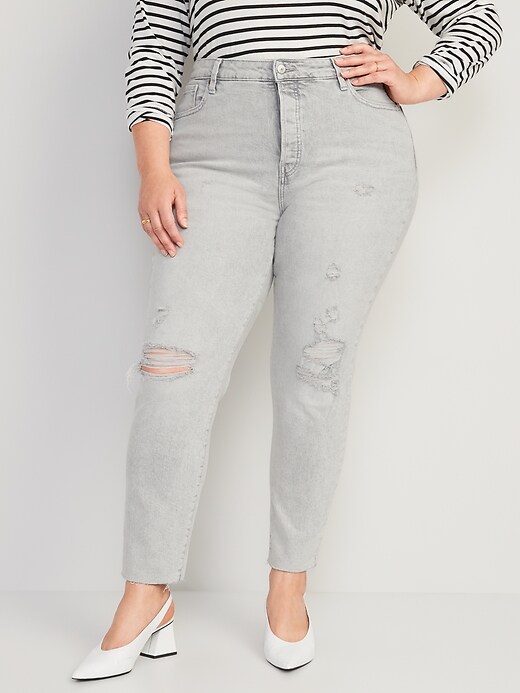 Image number 7 showing, High-Waisted Button-Fly OG Straight Ripped Gray Cut-Off Jeans for Women