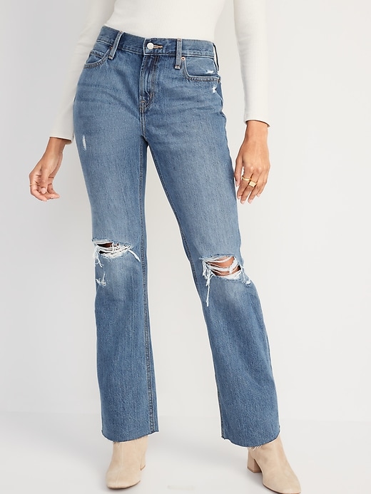 Image number 1 showing, Mid-Rise Slouchy Boot-Cut Ripped Non-Stretch Jeans for Women