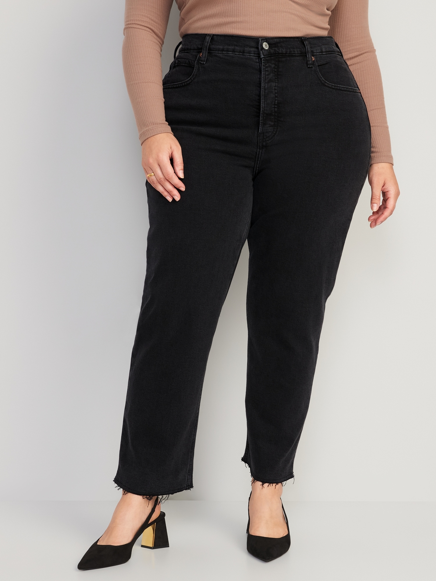 Extra High-Waisted Button-Fly Sky-Hi Straight Cut-Off Black Jeans for ...