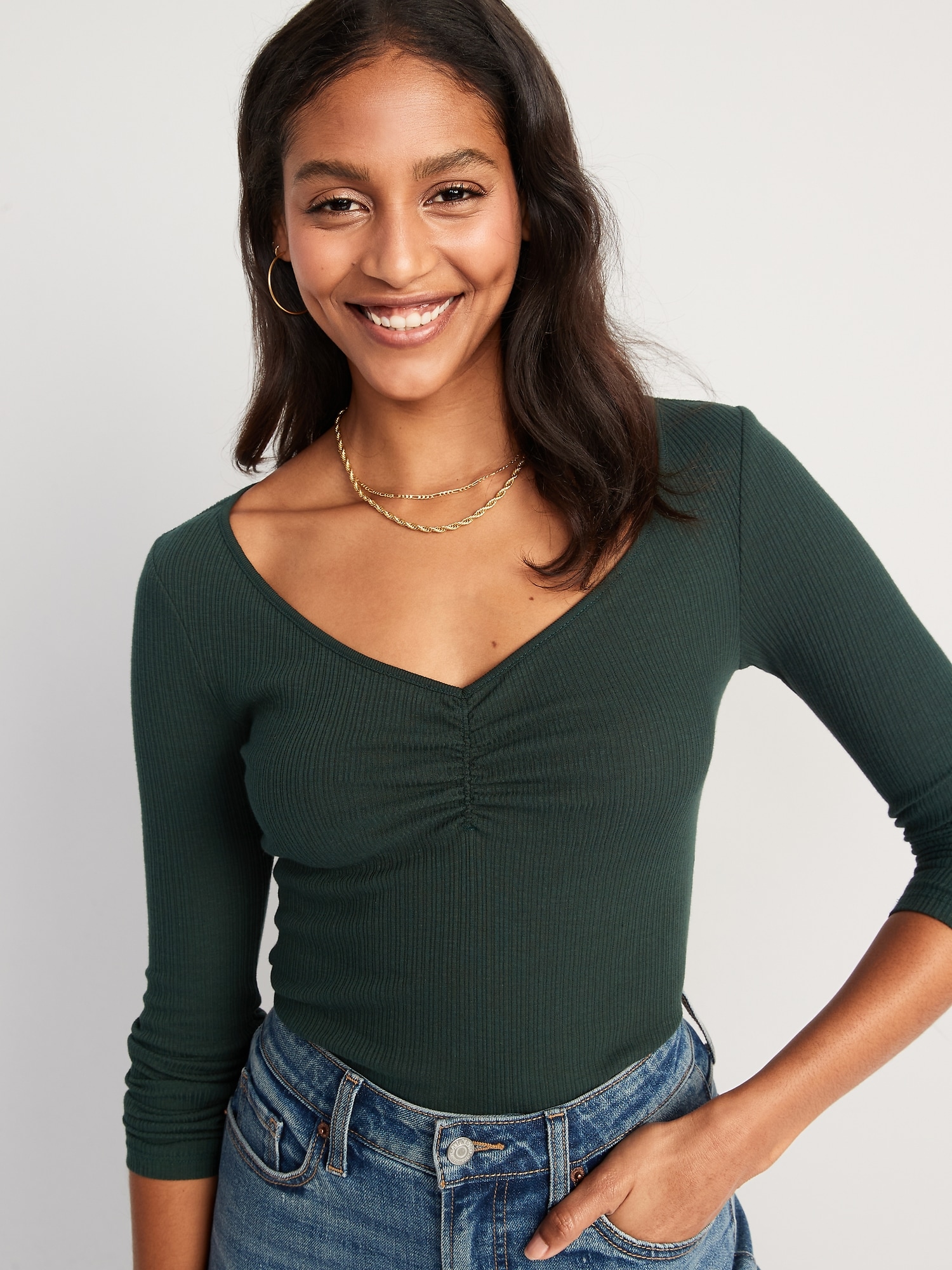 Old Navy Long-Sleeve Cinched-Front Rib-Knit T-Shirt for Women green. 1