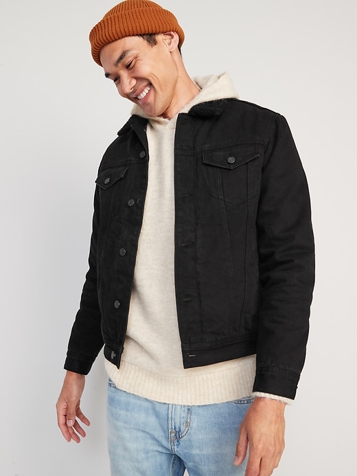 Image number 1 showing, Sherpa-Lined Non-Stretch Black Jean Jacket
