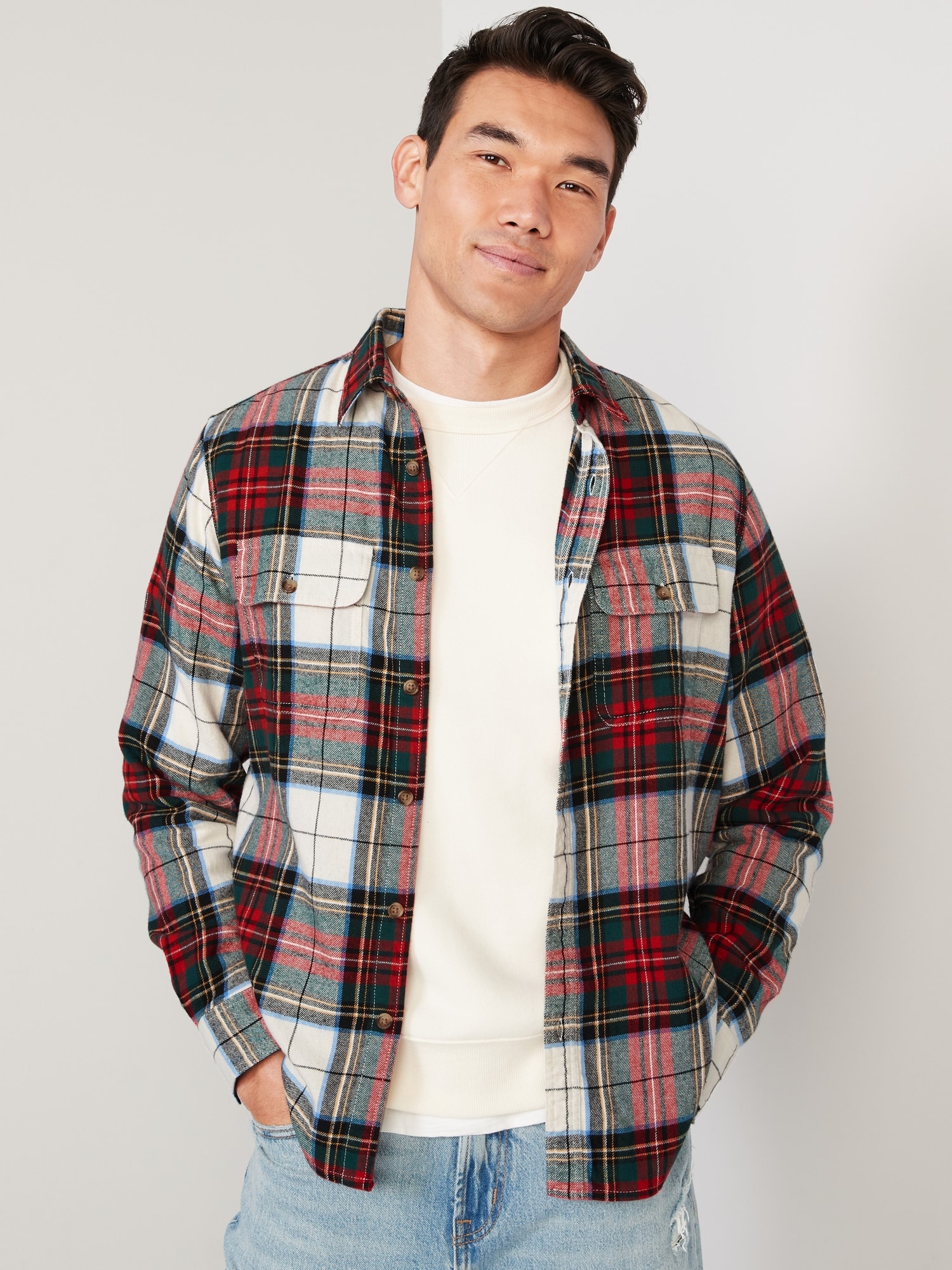 Old Navy Regular-Fit Plaid Double-Brushed Flannel Shirt for Men white. 1