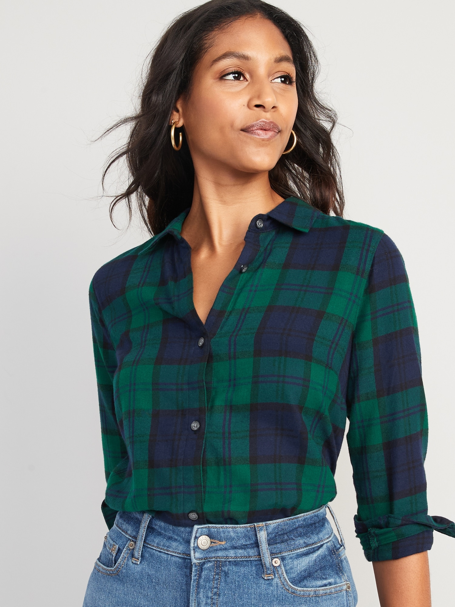 Long-Sleeve Plaid Flannel Shirt for Women