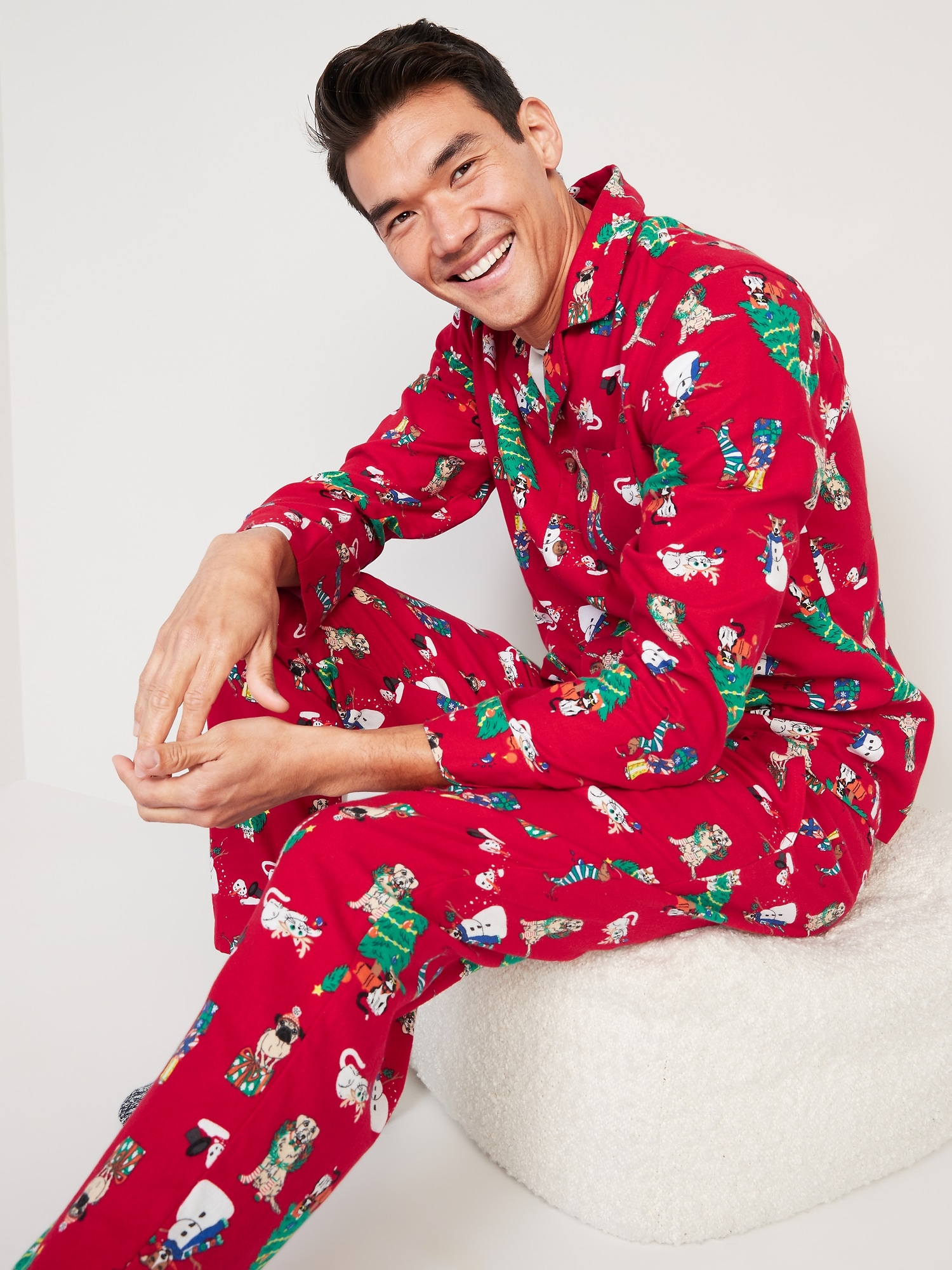 Mens Red Solid Color Flannel Pajamas