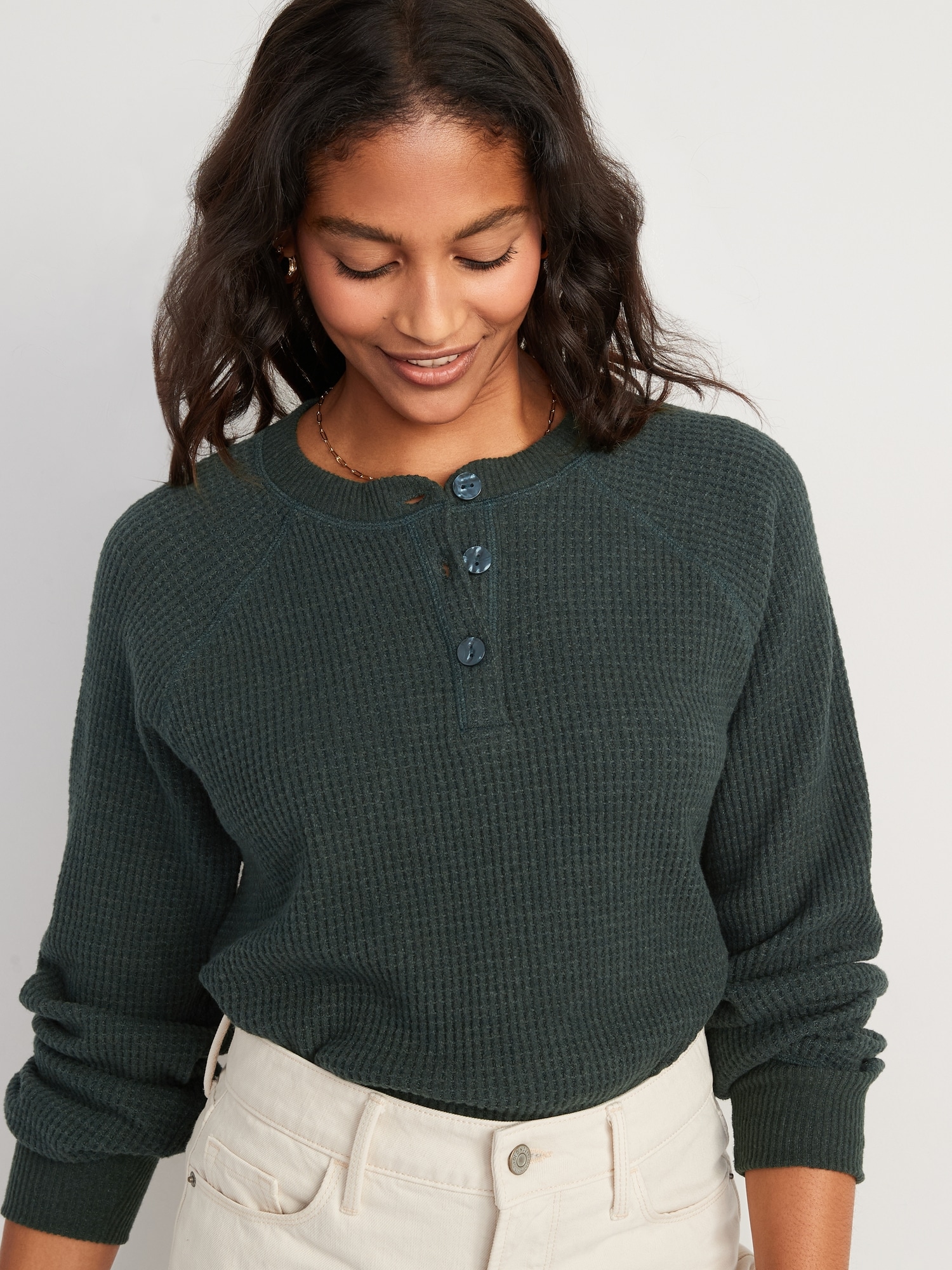 Old Navy Waffle-Knit Henley Top for Women green. 1