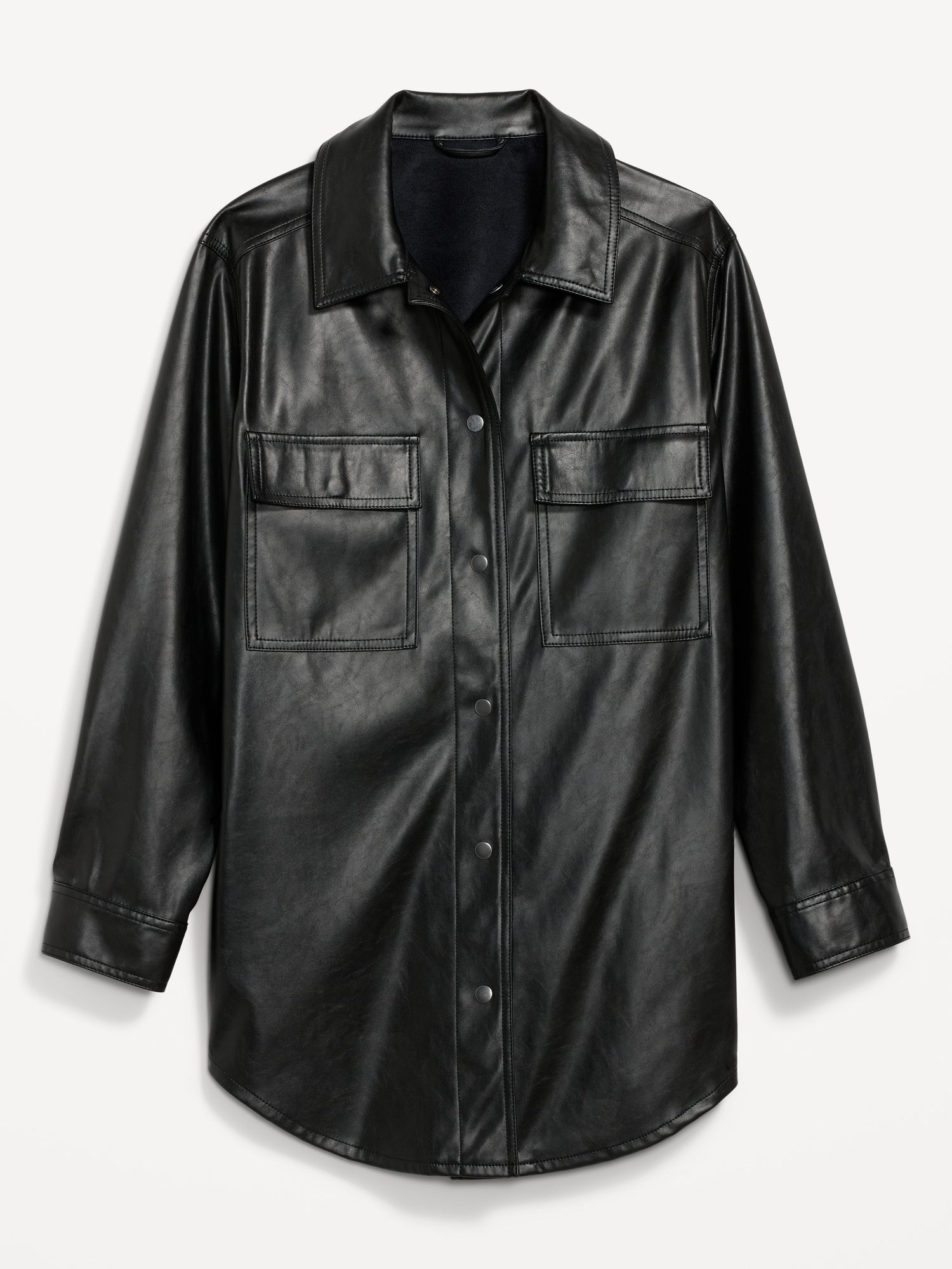 Faux Leather Button Down Shacket, Black / Medium