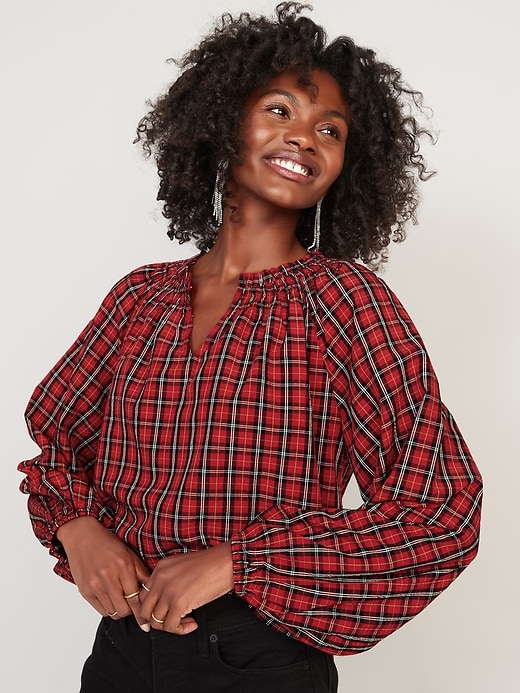 Old Navy Plaid Smocked Seersucker Swing Blouse For Women 