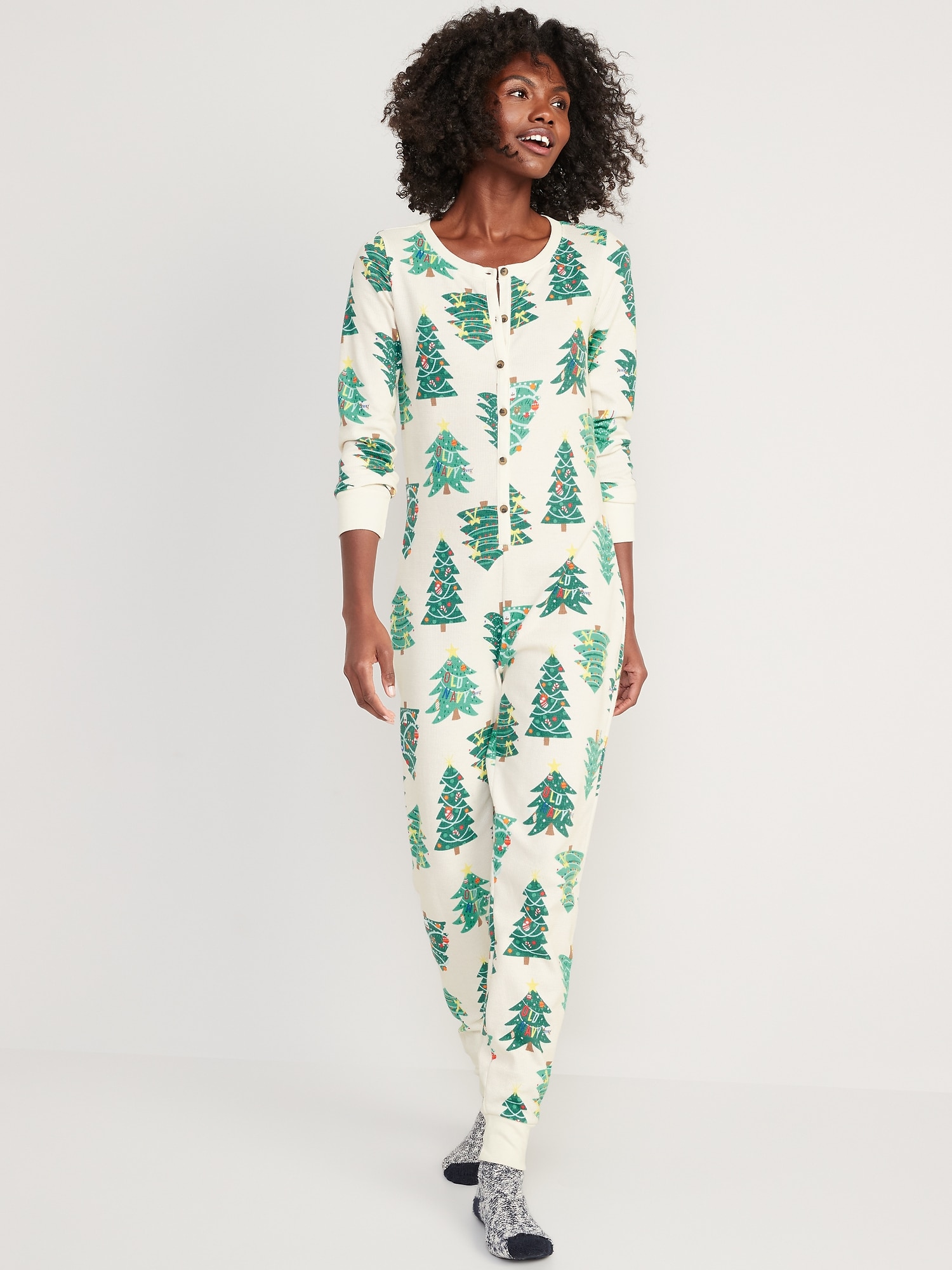 Oldnavy Matching Printed Thermal-Knit One-Piece Pajamas for Women