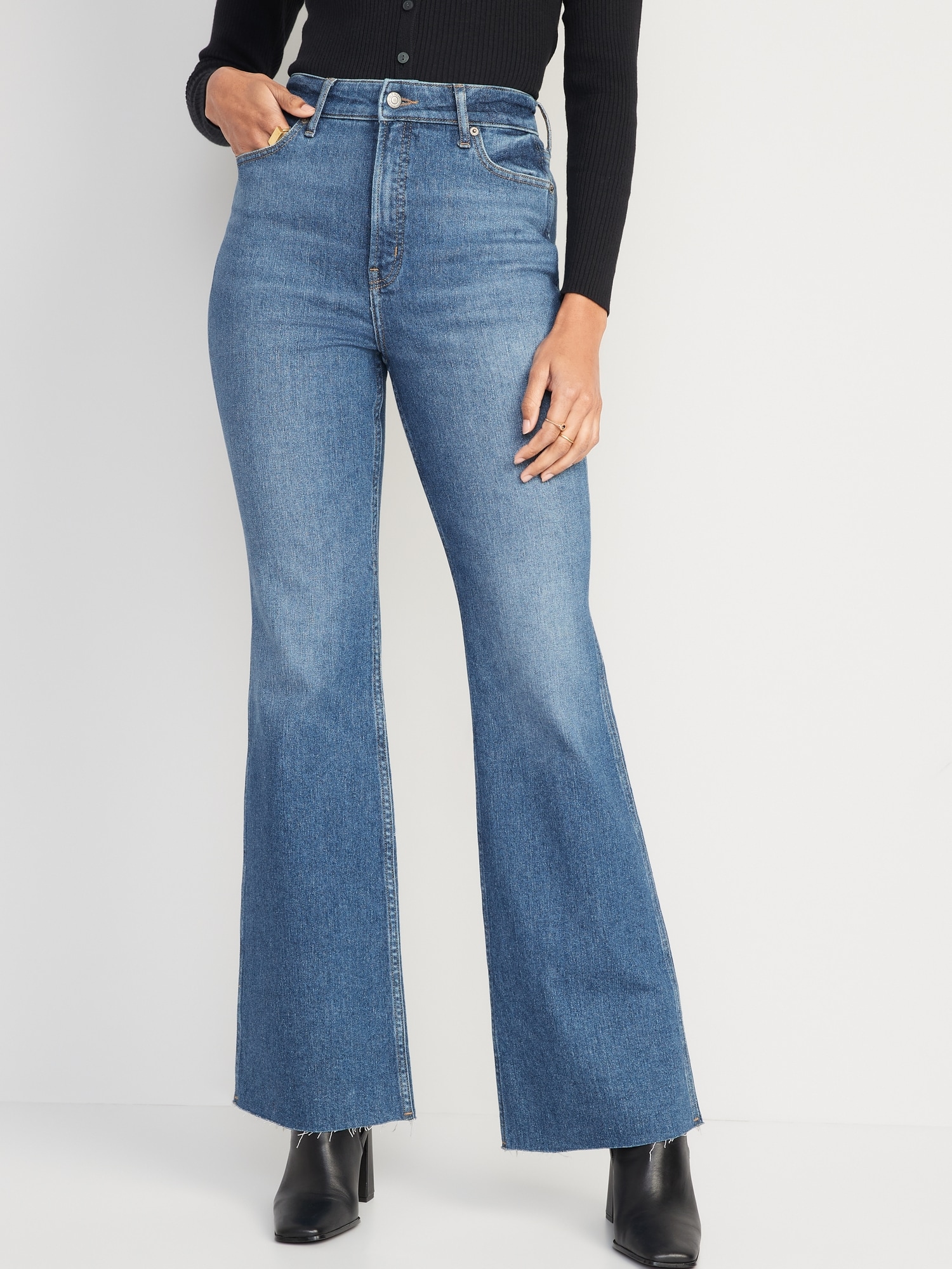 Higher High-Waisted Cotton-Hemp Blend Flare Cut-Off Jeans for
