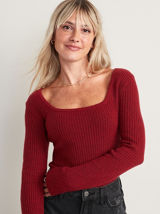 Image number 1 showing, Fitted Cropped Square-Neck Rib-Knit Sweater