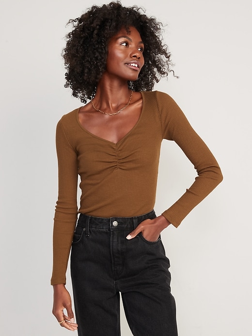 Image number 1 showing, Long-Sleeve Cinched-Front Rib-Knit T-Shirt