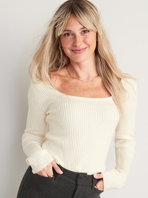 Image number 1 showing, Fitted Cropped Square-Neck Rib-Knit Sweater