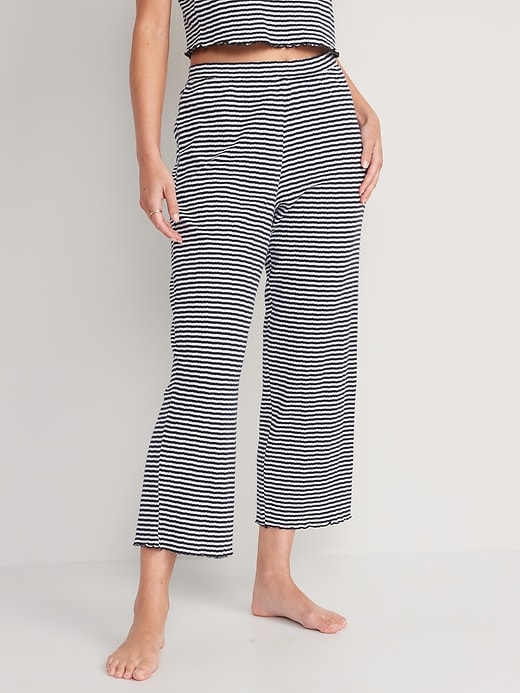 Image number 1 showing, High-Waisted Striped Cropped Pointelle-Knit Pajama Pants