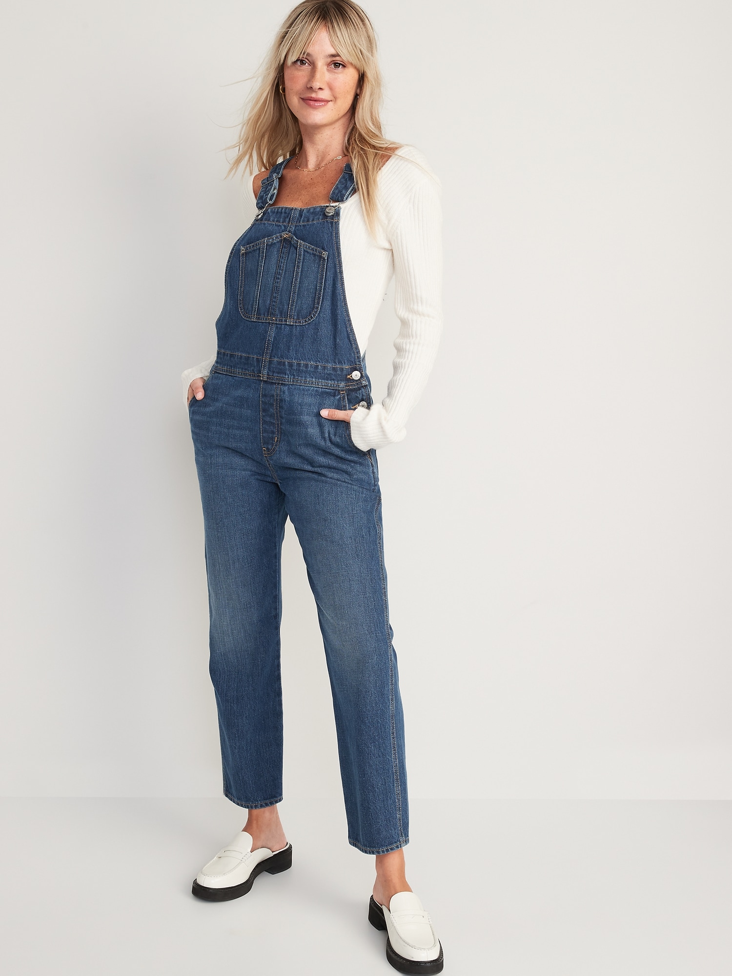Slouchy Straight Workwear Non-Stretch Jean Overalls for Women | Old Navy