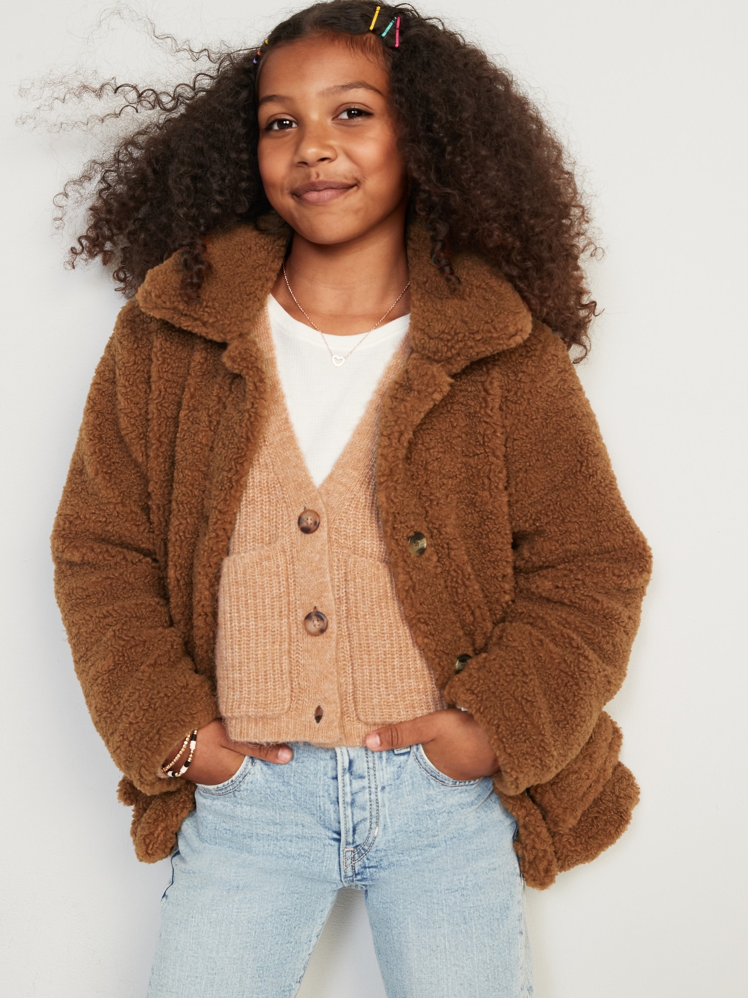 Cozy Sherpa Button-Front Jacket for Girls