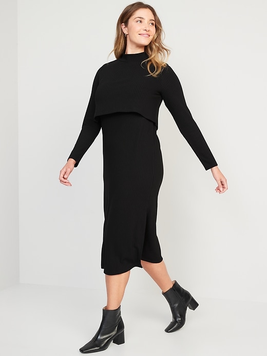 Maternity Mock-Neck Double-Layer Nursing Midi Dress | Old Navy