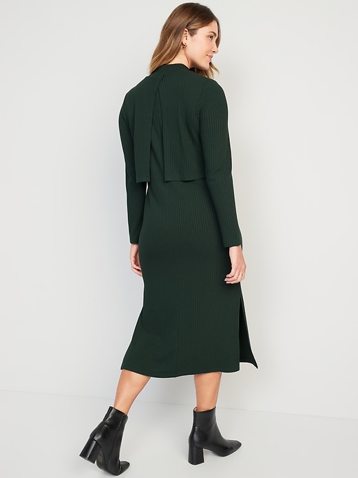 Image number 2 showing, Maternity Mock-Neck Double-Layer Nursing Midi Dress