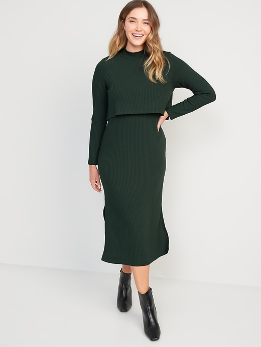 Image number 1 showing, Maternity Mock-Neck Double-Layer Nursing Midi Dress